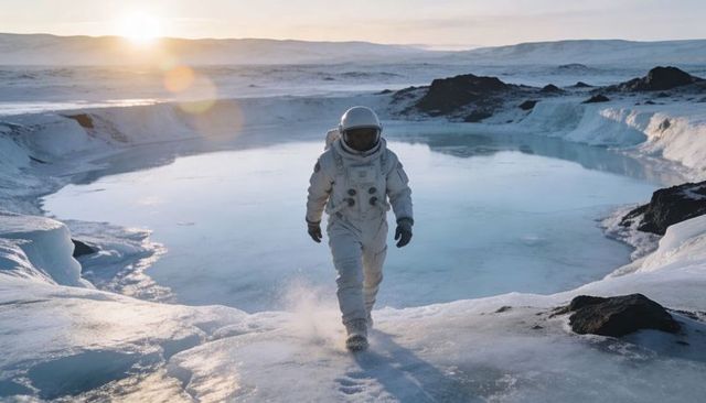 Astronaut Walking Across Frozen Arctic Basin at Sunrise with Reflective Helmet and Backpack
