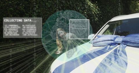 White car with blue bow and augmented reality data overlay projecting holographic globe