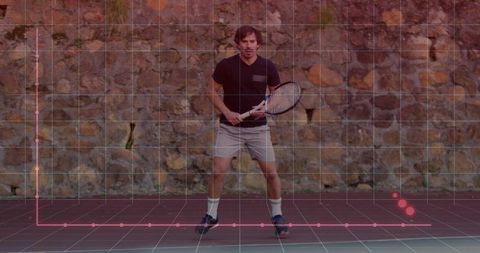Tennis Player Analyzing Swing with Data Overlay