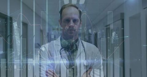 Doctor analyzing clinical data overlay in hospital corridor with stethoscope