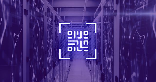 Neon QR Code Overlaying Modern Server Room in Violet - Download Free Stock Images Pikwizard.com