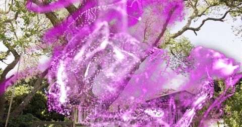 Swirling magenta vortex over backyard porch and oak trees translucent ethereal overlay