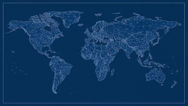 Wireframe World Map with Geometric Design on Navy Canvas