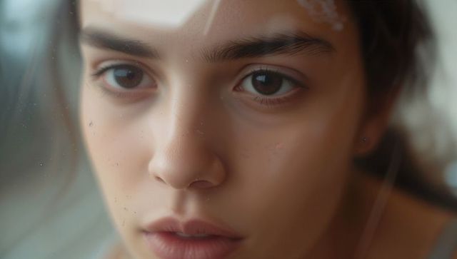 Contemplative teen pressing face to glass window closeup soft light emotional portrait