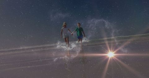 Children Running Hand-in-Hand Through Starry Cosmic Beach Wonderland
