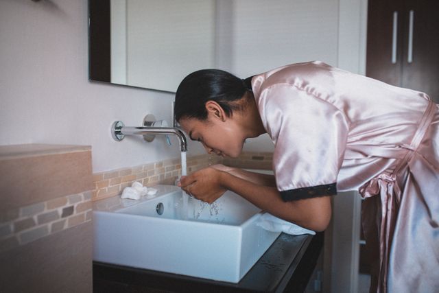 Biracial transgender female wearing a silk bathrobe washing her face at a bathroom sink. Ideal for use in articles or advertisements related to self-care, hygiene, skincare routines, and personal care. Can also be used in content discussing quarantine or lockdown routines, and promoting inclusivity and diversity.