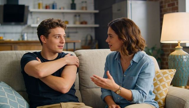 Young couple talking on couch in cozy living room with modern kitchen background