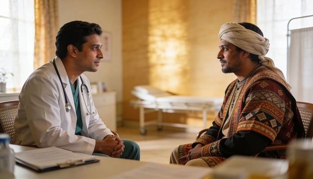 Doctor consulting male patient wearing turban and traditional robe during clinic visit