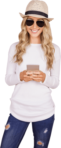 Smiling Caucasian Woman Using Smartphone on Transparent Background