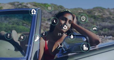 Woman Relaxing by Convertible with Eco-Friendly Lifestyle Icons