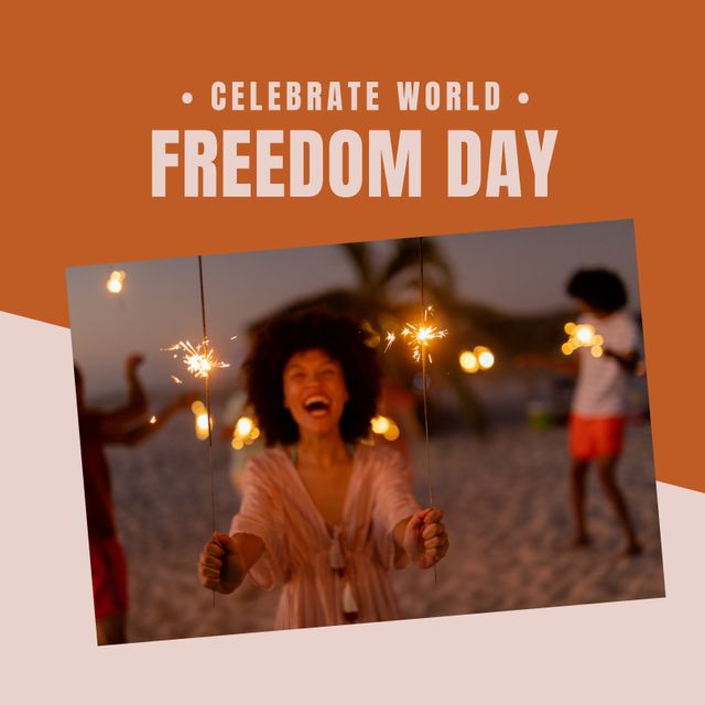 Digital image of cheerful young biracial woman holding sparklers at beach, world freedom day text. Copy space, celebration, victory over communism, holiday, freedom, enjoyment.