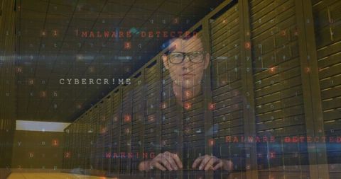 Male Hacker Posing Data Threat in Server Room with Malware Alerts - Download Free Stock Images Pikwizard.com