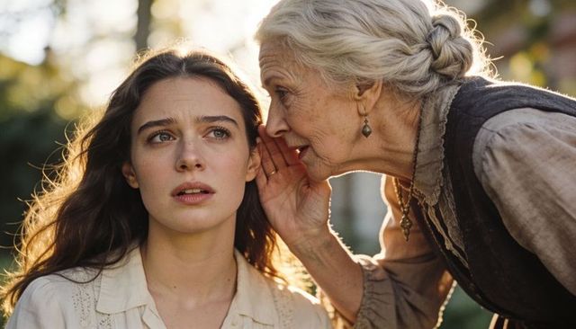 Elder woman whispering secret to young woman in sunlit garden, intimate backlit portrait