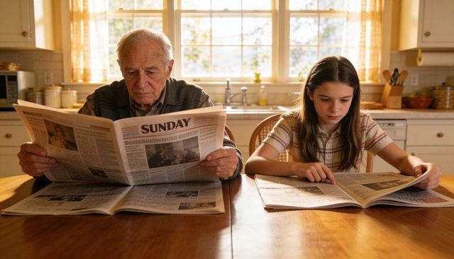 Grandfather and granddaughter reading newspapers at kitchen table in morning sunlight