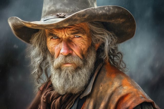 Portrait of senior caucasian cowboy with hat and beard, created using generative ai technology. Wild west, american culture, history and folklore concept digitally generated image.
