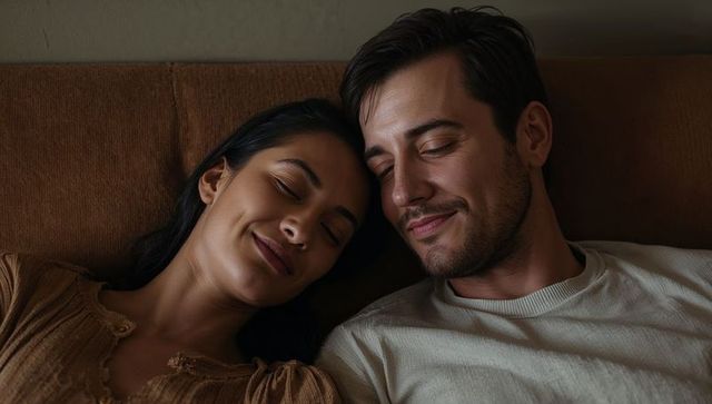 Couple relaxing on couch sharing quiet intimate moment of warmth and comfort