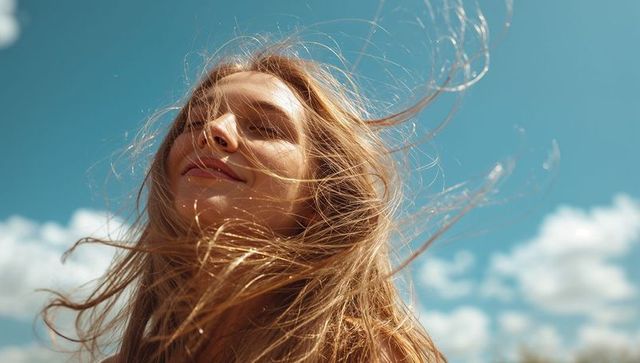 Serene Woman Enjoying Gentle Breeze Under Clear Blue Sky