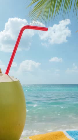 Coconut drink with red straw on turquoise beach, waves lapping, towel and palm frond