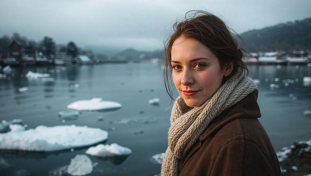 Young woman standing by frozen harbor wearing chunky scarf and coat, icy lakeside winter portrait