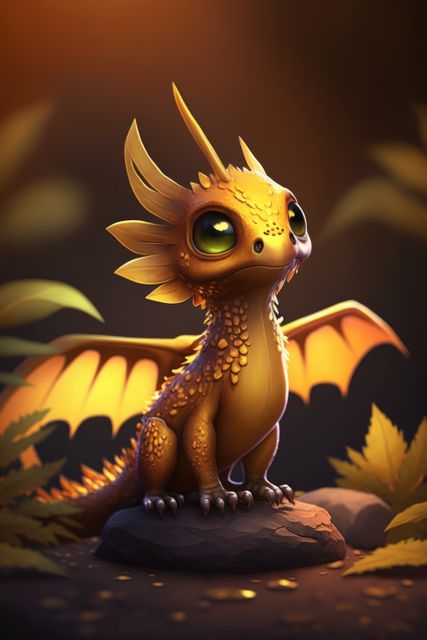 Baby dragon with vibrant yellow scales and large glowing eyes sitting peacefully on a rock in an enchanting forest. Bright foliage surrounds, adding to the mystical atmosphere. Perfect for children's book illustrations, fantasy artwork, greeting cards, and imaginative storytelling.