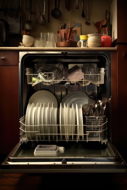 Interior of dishwasher packed with dishes with door open, created using generative ai technology. Dishwashing and kitchen appliances concept digitally generated image.