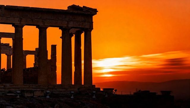 Silhouetting ancient doric temple ruins against dramatic orange sunset sky over hills