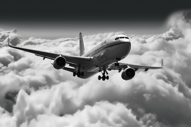 Picture showing a commercial passenger airplane flying above thick, dramatic clouds in a monochrome tone. Ideal for websites, marketing materials, banners, or ads related to airline companies, travel services, aviation industry, and aerospace technology. It captures the beauty and marvel of air travel while highlighting the plane's powerful engines cutting through cloud formations.