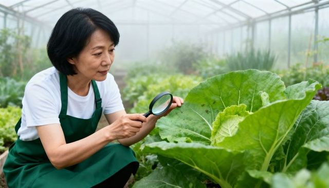 Asian gardener inspecting cabbage leaves with magnifier in greenhouse for pest control
