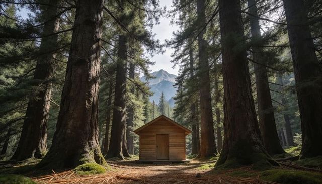 Sunlit wooden cabin nestling among giant pines with mossy forest floor and mountain view