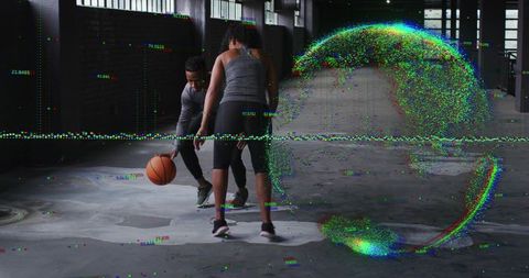 Dribbling duo practicing urban basketball with neon glitch orb in industrial warehouse