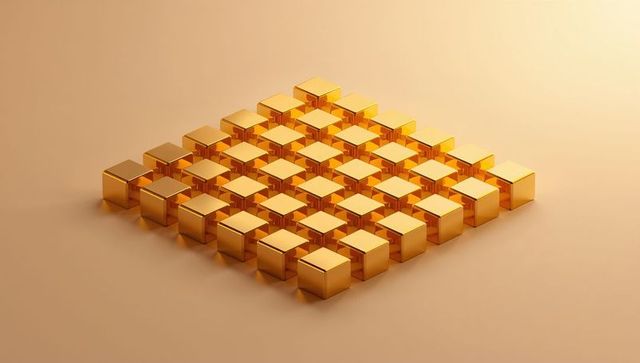 Golden cube grid reflecting light minimal geometric metallic pattern and symmetry