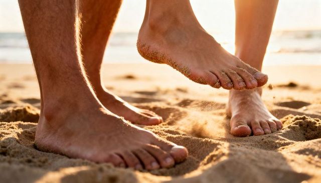 Sunlit bare feet kicking up sand at sunset on beach, romantic couple moment, golden glow
