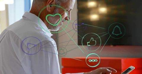 Senior Man Engaging with Social Media Icons on Smartphone