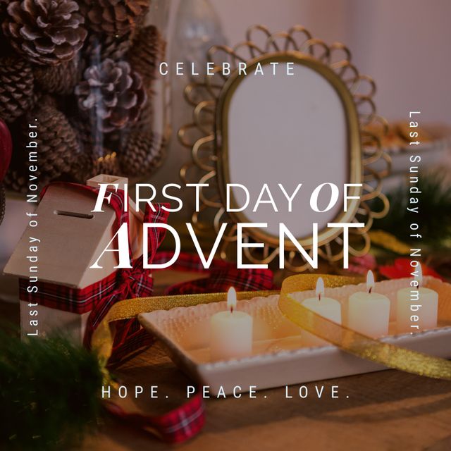 Composition of first day of advent text over candles and christmas decorations. Advent tradition and celebration concept digitally generated image.