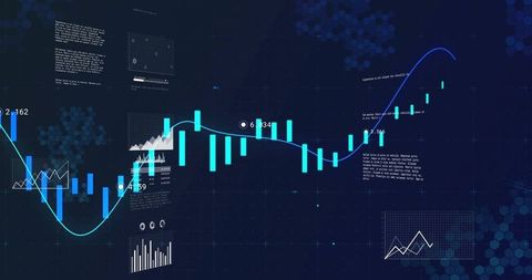 Interactive market analytics dashboard showing candlestick bars and smooth trend line