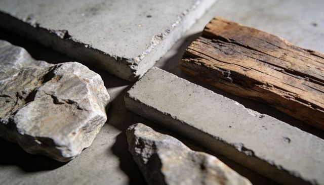 Weathered concrete slabs, natural stone and rustic wood plank texture composition