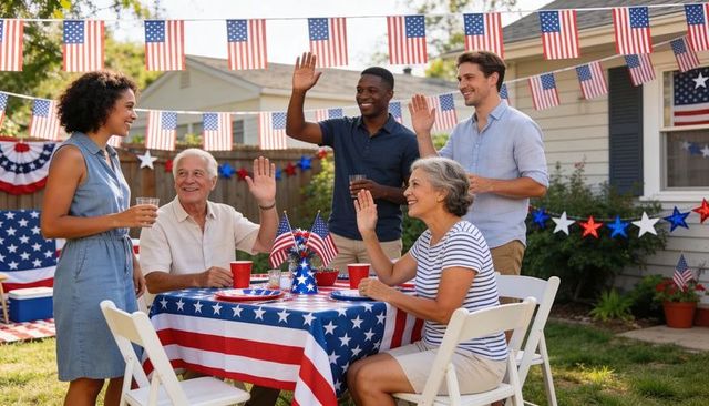 Waving multigenerational group celebrating independence day backyard bbq gathering