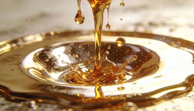 Pouring viscous amber liquid forming crown splash on reflective surface closeup macro