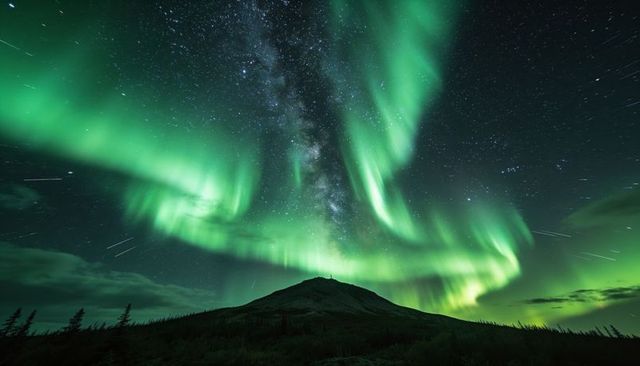 Aurora dancing over conifer tundra with milky way rising above remote mountain peak