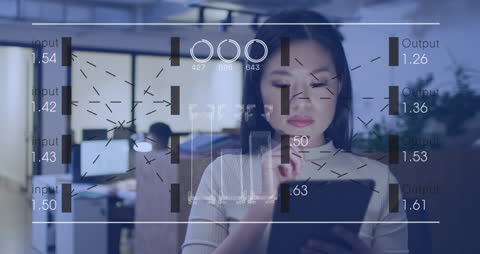 Digital Data Interface with Businesswoman in Modern Office