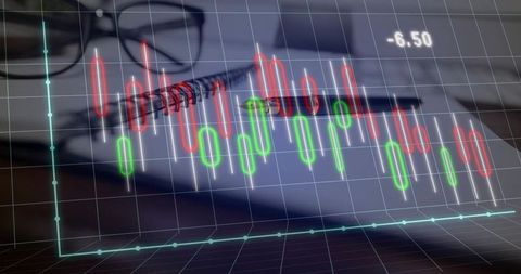 Digital financial analysis with candlestick chart on office desk