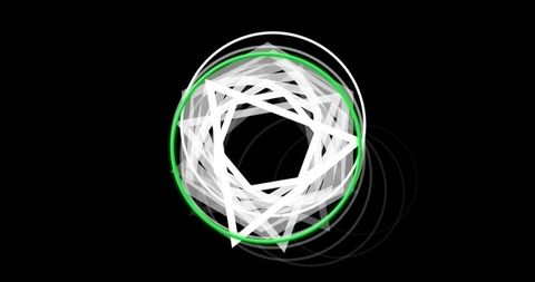 Abstract layered polygons and neon green circle on black background