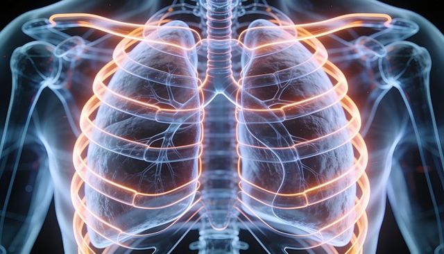 3d medical illustration showing human lungs and ribcage with glowing bronchial pathways