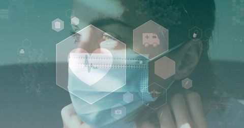 Female adjusting surgical mask with medical tech overlay and hexagon healthcare hud