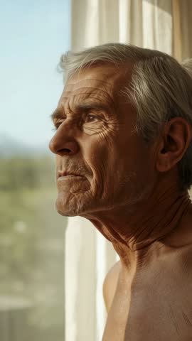 Senior man gazing out window, sunlit reflective vertical video portrait
