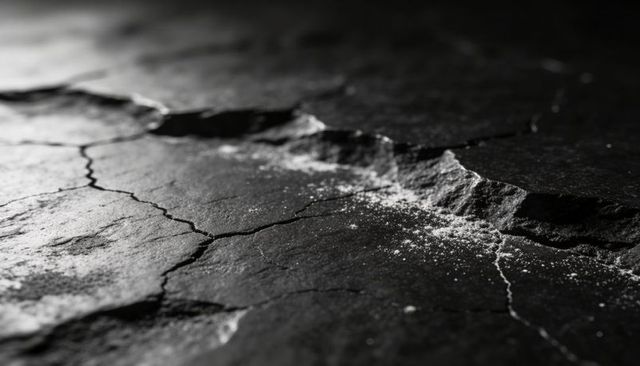 Dark cracked slate macro revealing diagonal fissure and powdered mineral texture