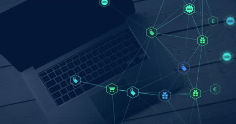 Digital Network Icons Over Laptop Representing Global Connections