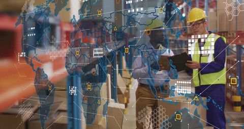 Warehouse Managers Reviewing Digital Inventory with Global Logistics Data Overlay
