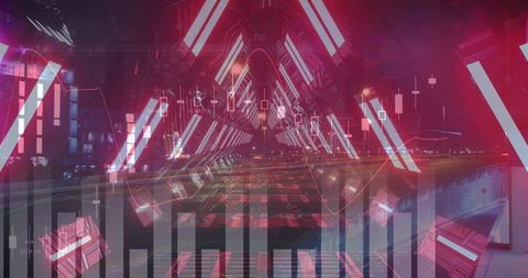 Futuristic neon tunnel with financial graph overlays