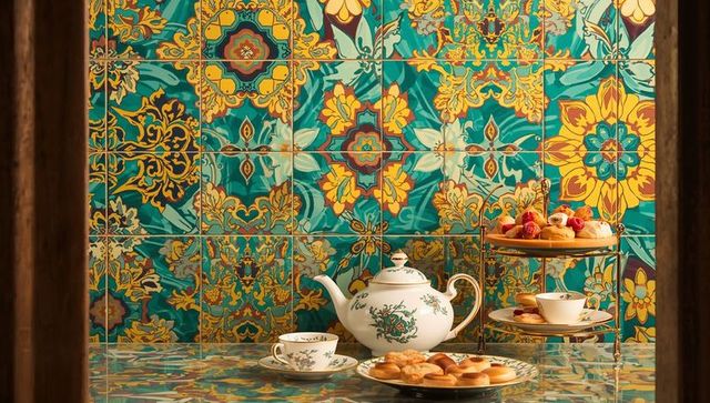 Vintage porcelain tea service with pastries against vibrant floral ceramic tiles
